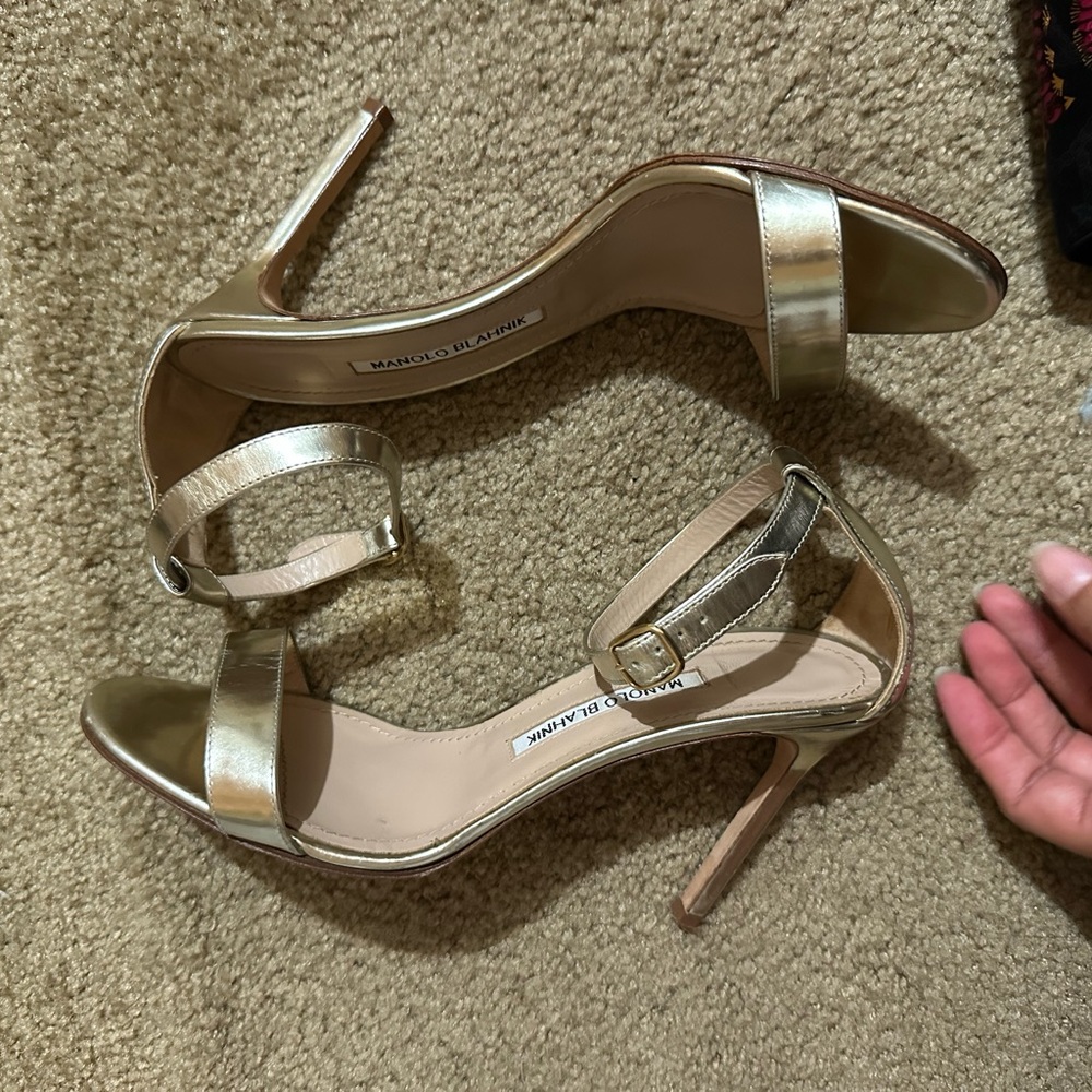 Manolo Blahnik Gold Ankle Strap Heels